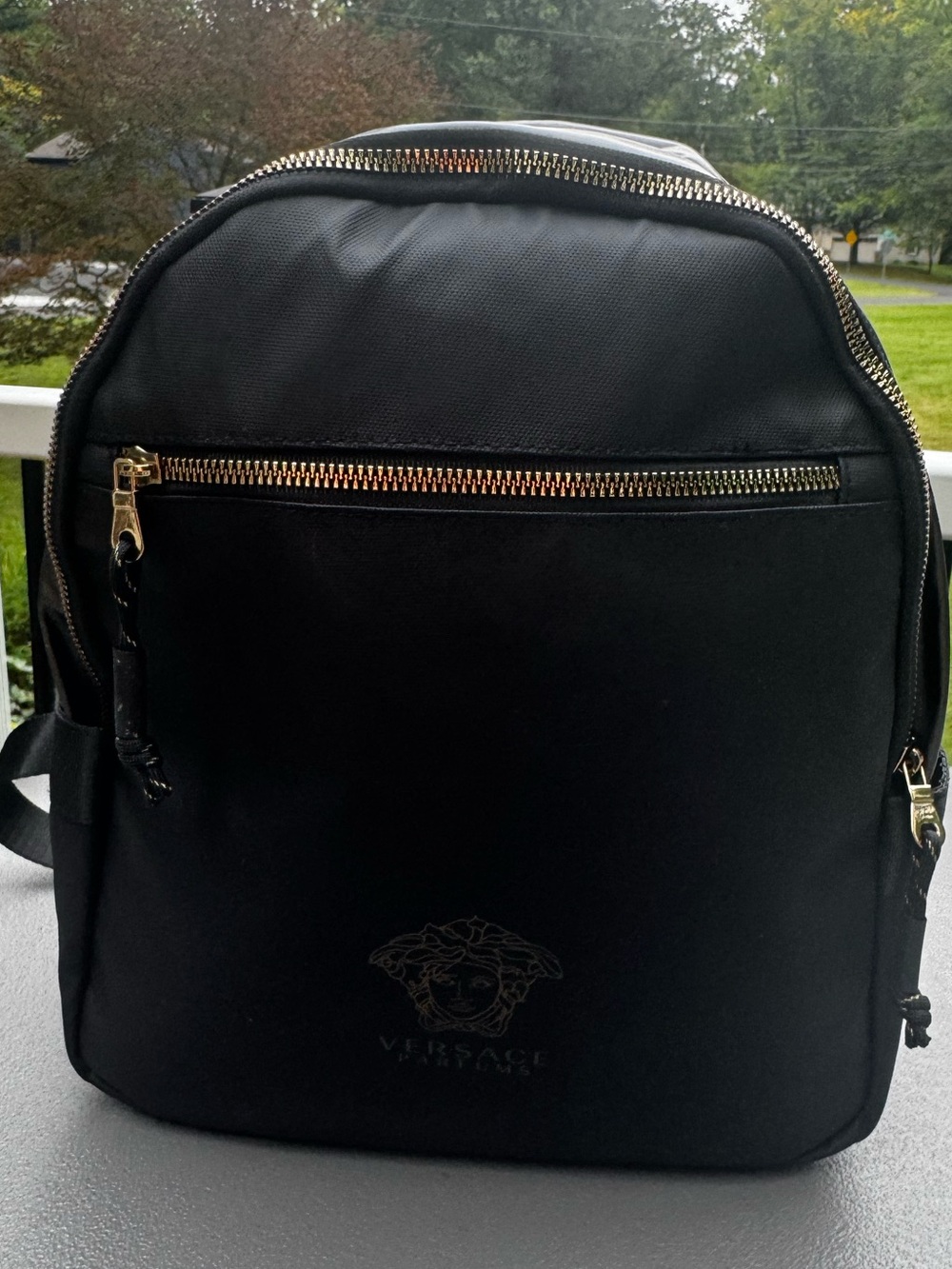 Versace Parfums Black Backpack with Gold Hardware